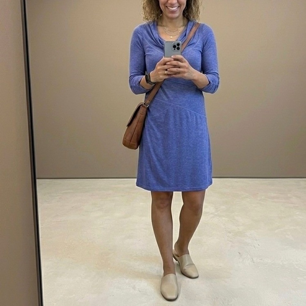 Athleta Dress Womens S Blue Cowl Neck 3/4 Ruched Sleeve Heathered Pockets Nature